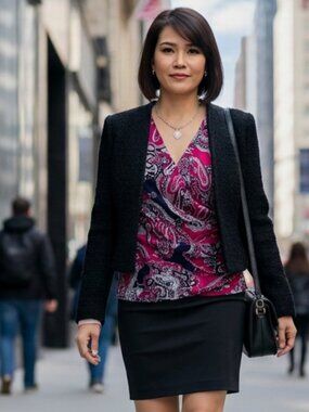 INC (Macy's) top rouched gathered faux wrap mesh pink/navy paisley - M